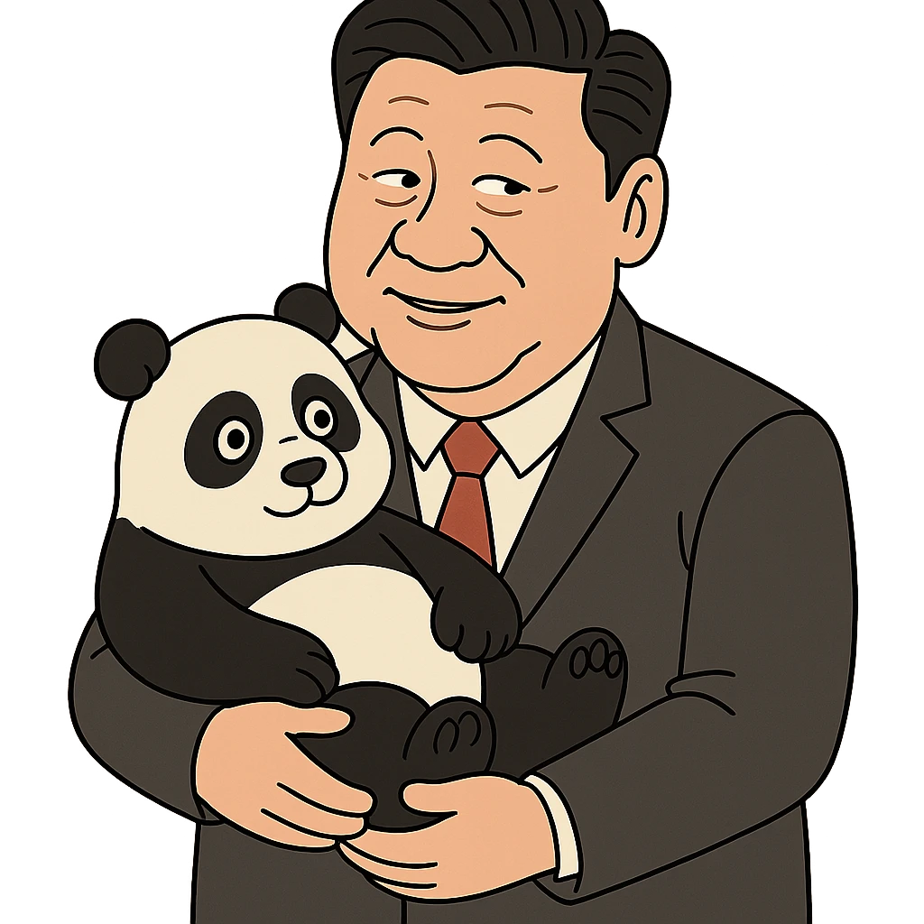 Xi Jinping, cartoonish, holding a panda, flat toon style emoji