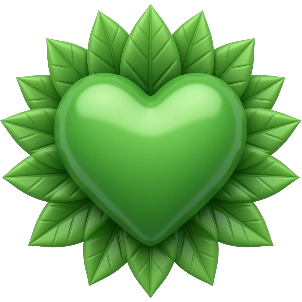 3D green heart surrounded with leaves (The Green Party style leaves), Hex Code colour: 00643b. Add a paler green reflection to the corner of the heart. Make it show success, hope, love, and unity. make sure the background is transparent emoji