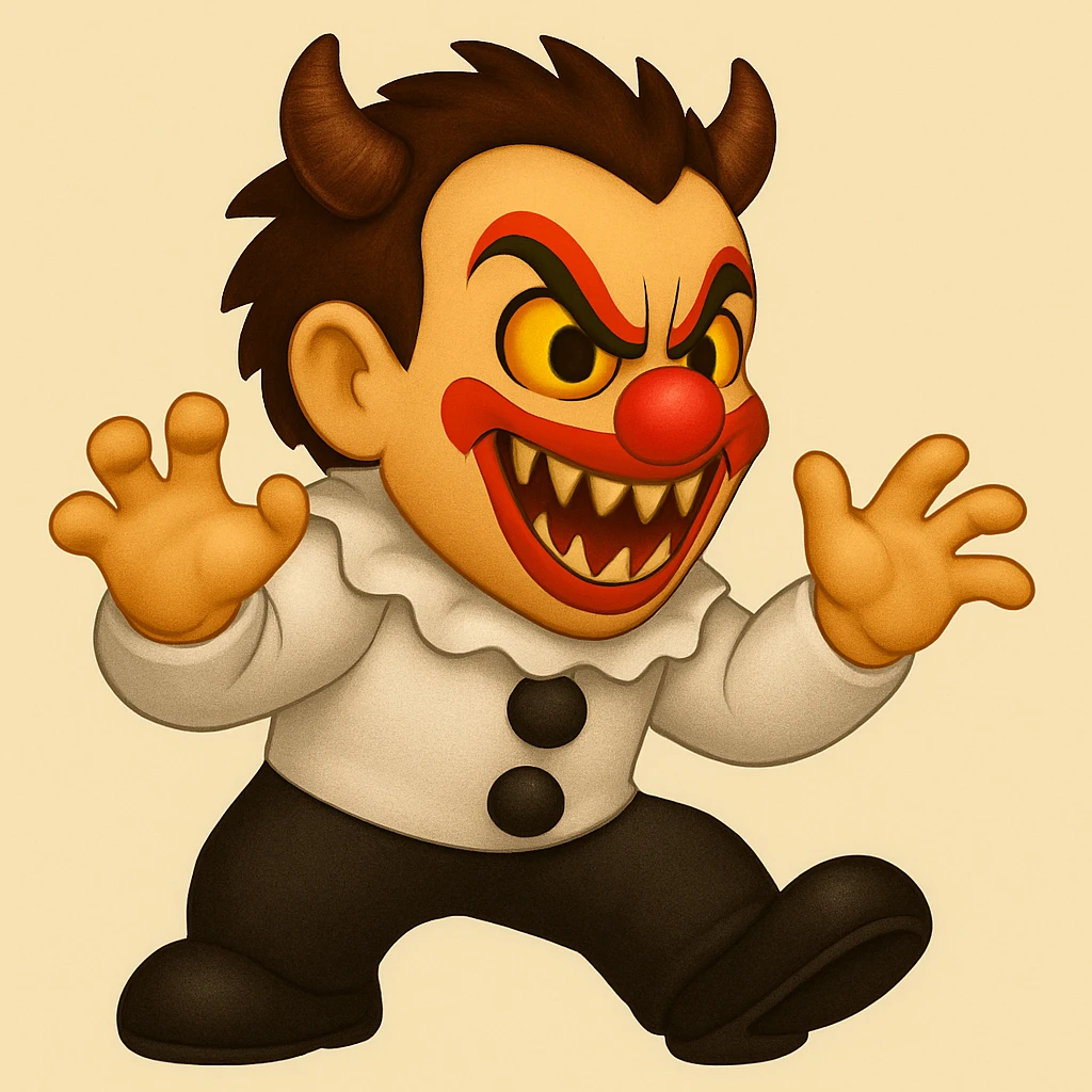Change the child demonic clown's clothes to be mostly black and white. Adjust the body position so he is scaring someone, with a menacing pose, in emoji art style. Keep the detailed textures and character spirit. emoji