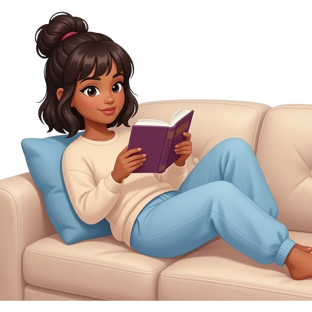 A black woman with bangs, a messy bun and shoulder length hair wearing sweats laying on a comfortable love seat reading a book emoji