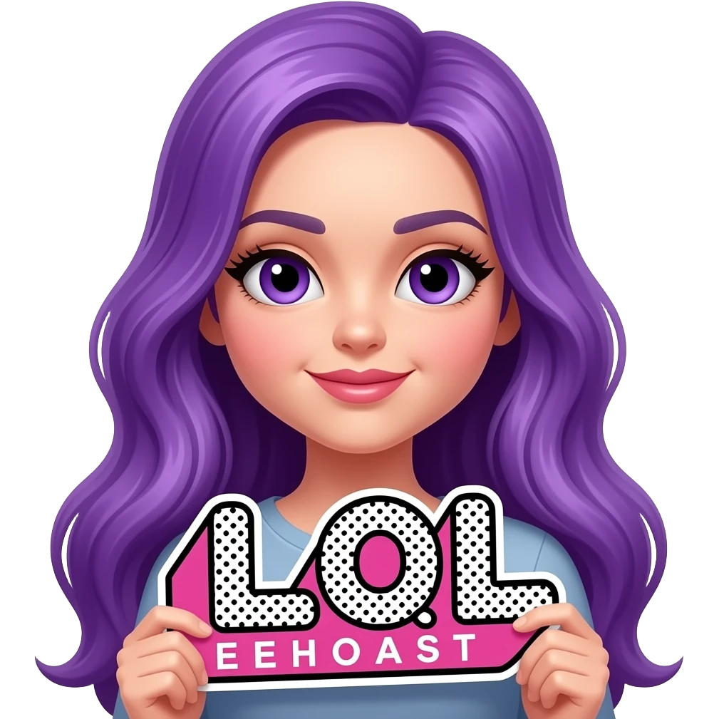 sexy girl with long purple hair and purple eyes holding a L O L sign emoji