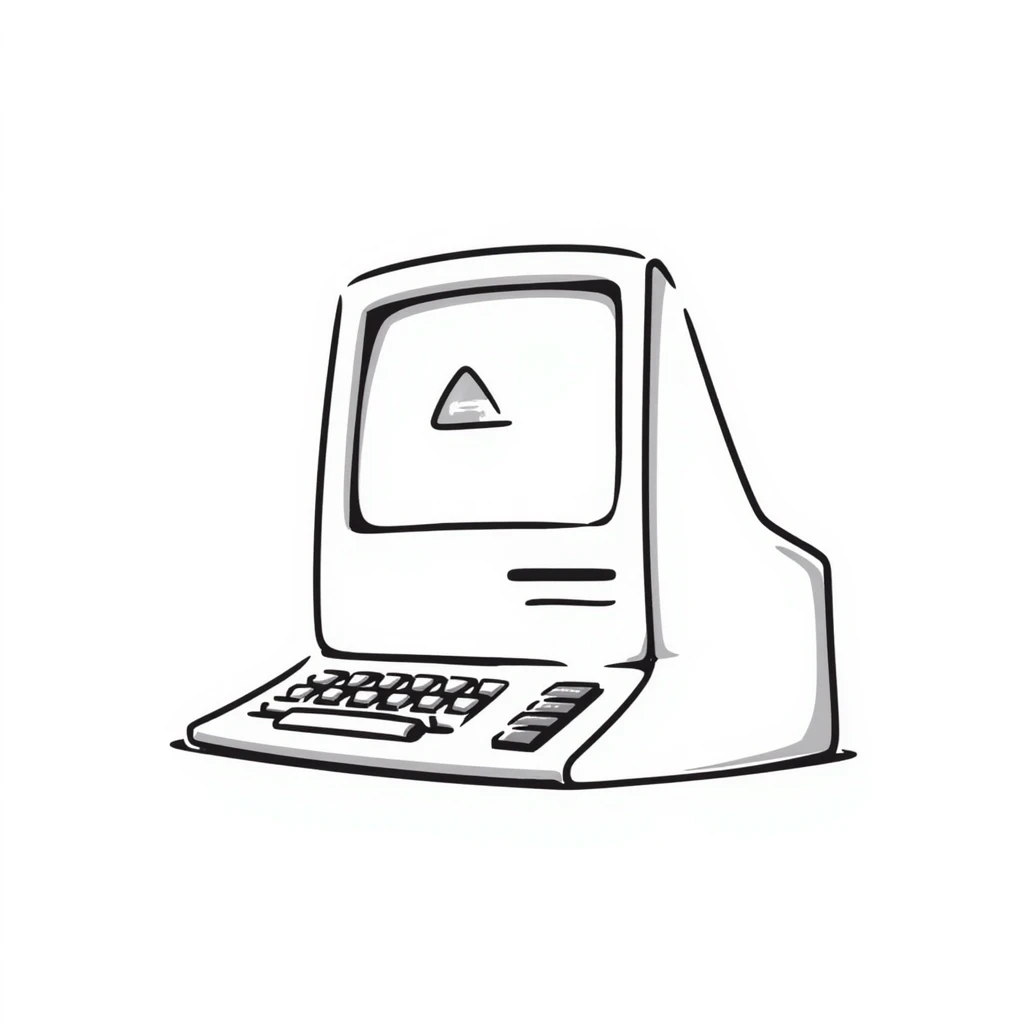 Pixel art style old Macintosh computer, simple monochrome linework emoji
