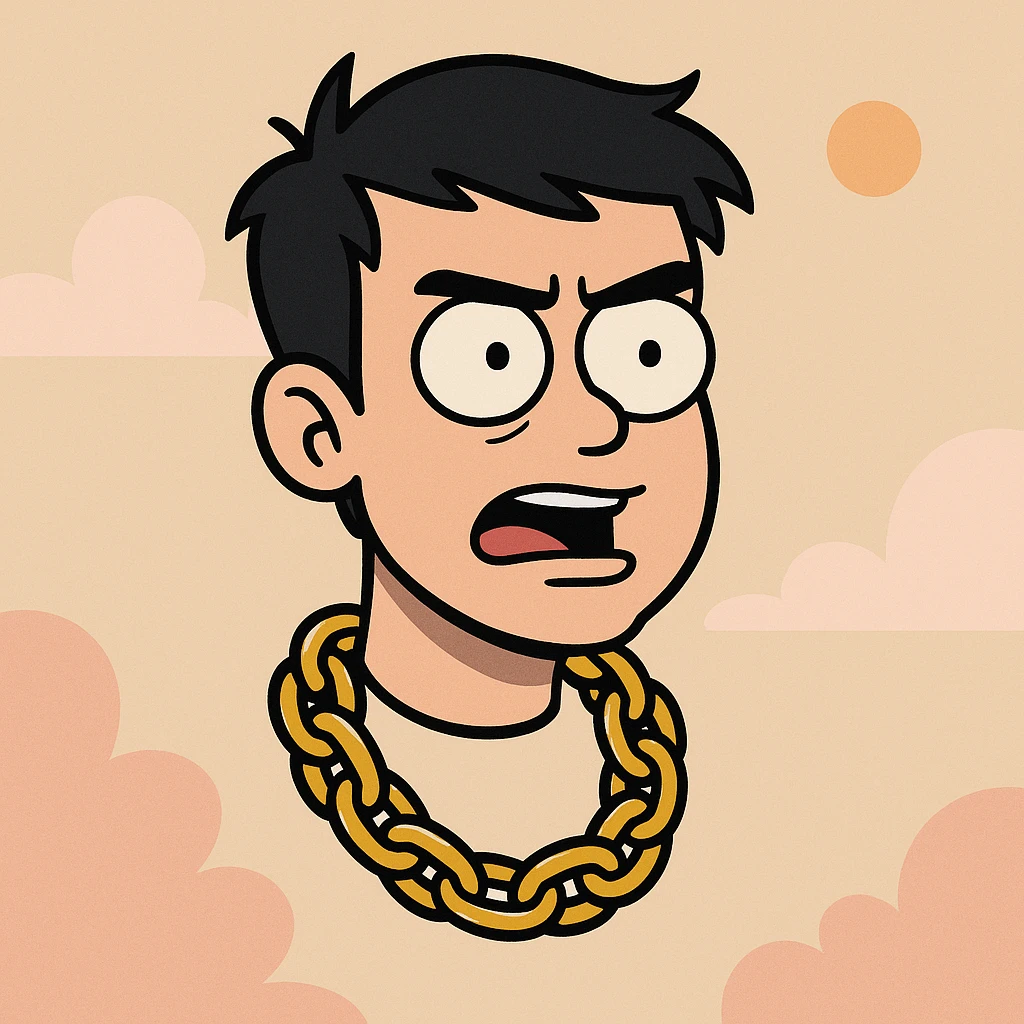 floating head, black hair, gold rapper chain, cartoon style, modern flat toon style illustration, bold lines emoji
