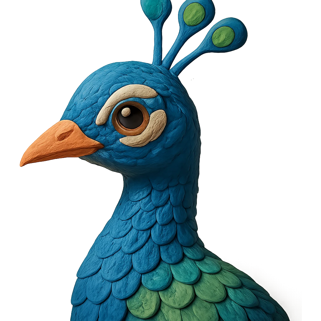 close-up of a peacock's head and neck, soft lighting, detailed feathers, claymation style emoji