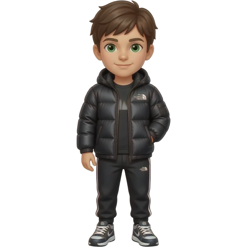 un niño que su pelo és marron i sus ojos verdes. Que vaya con una chaqueta kenzo de color negro i que vaya con pantalones de chandal. I que se veaa todo el cuerpo.  Que tenga una chaqueta negra con volumen i que sea north face emoji