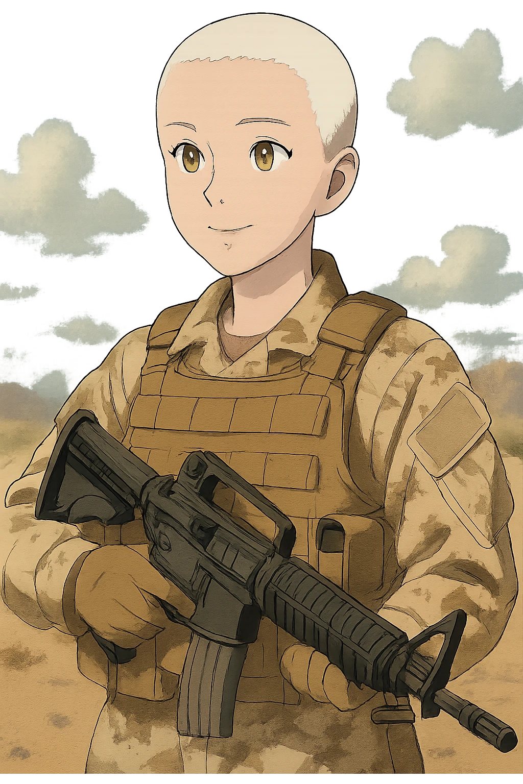 1 female, US soldier, 2010's era, she is wearing tan desert camo and a plate carrier with an m-16, gold yellow eyes, short buzzed white hair, face covered emoji