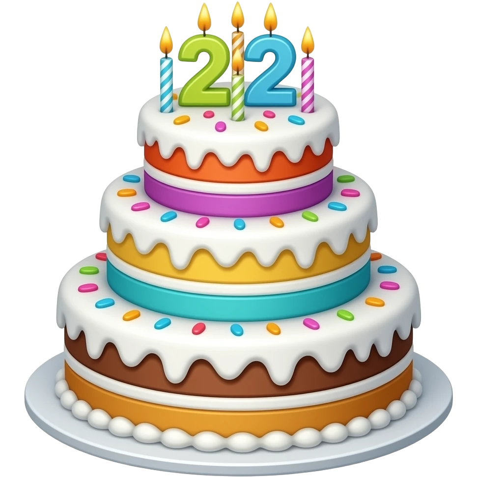 realistic 21st birthday cake colorful 4 tier with colorful sprinkles and candles on top emoji