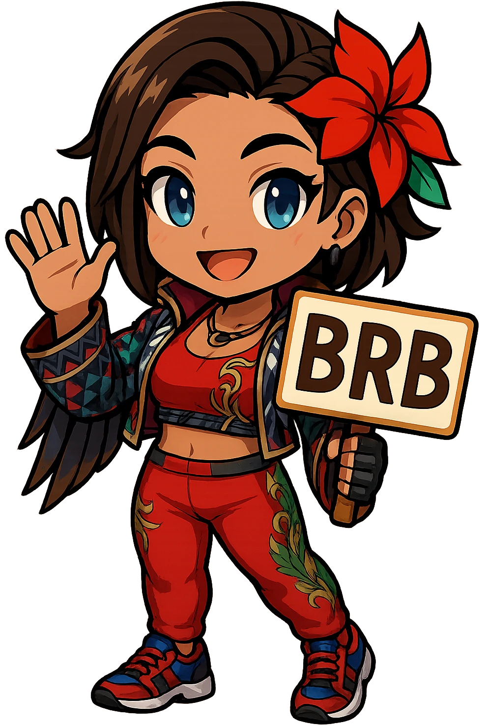 Azucena from Tekken 8 in chibi sticker style, holding a sign that says 'BRB', waving, wearing the detailed red and patterned outfit from the reference images, designed for Twitch emote use. emoji