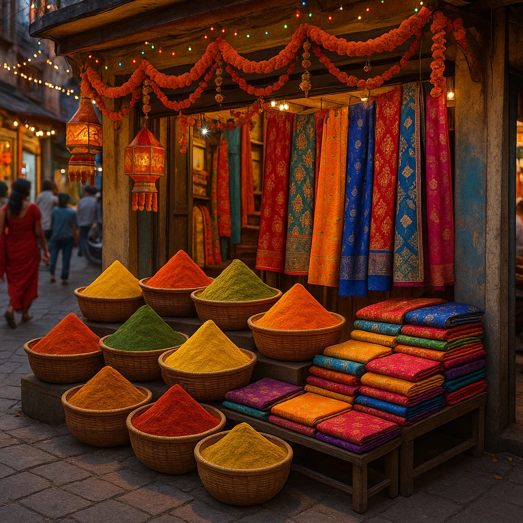 an Indian shop with baskets of spices and fabrics outside, festive, no text emoji