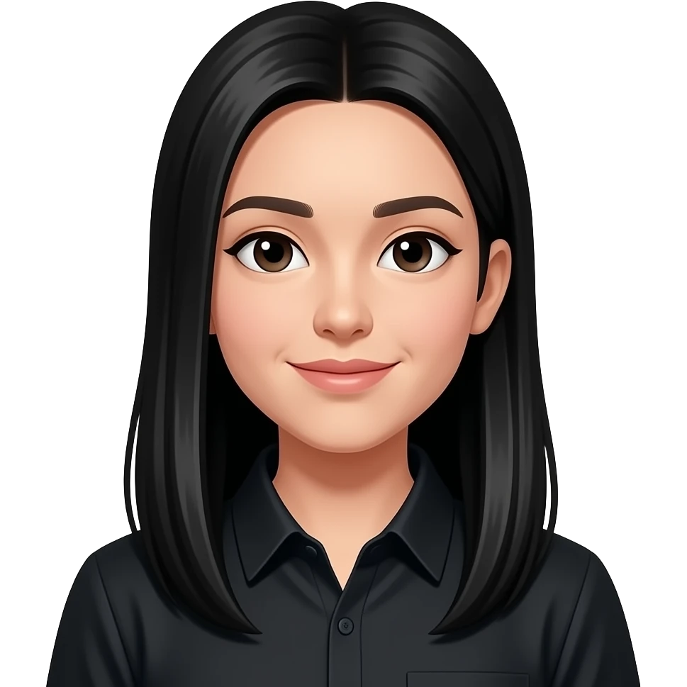 Long black straight hairs with a black shirt wearing emoji