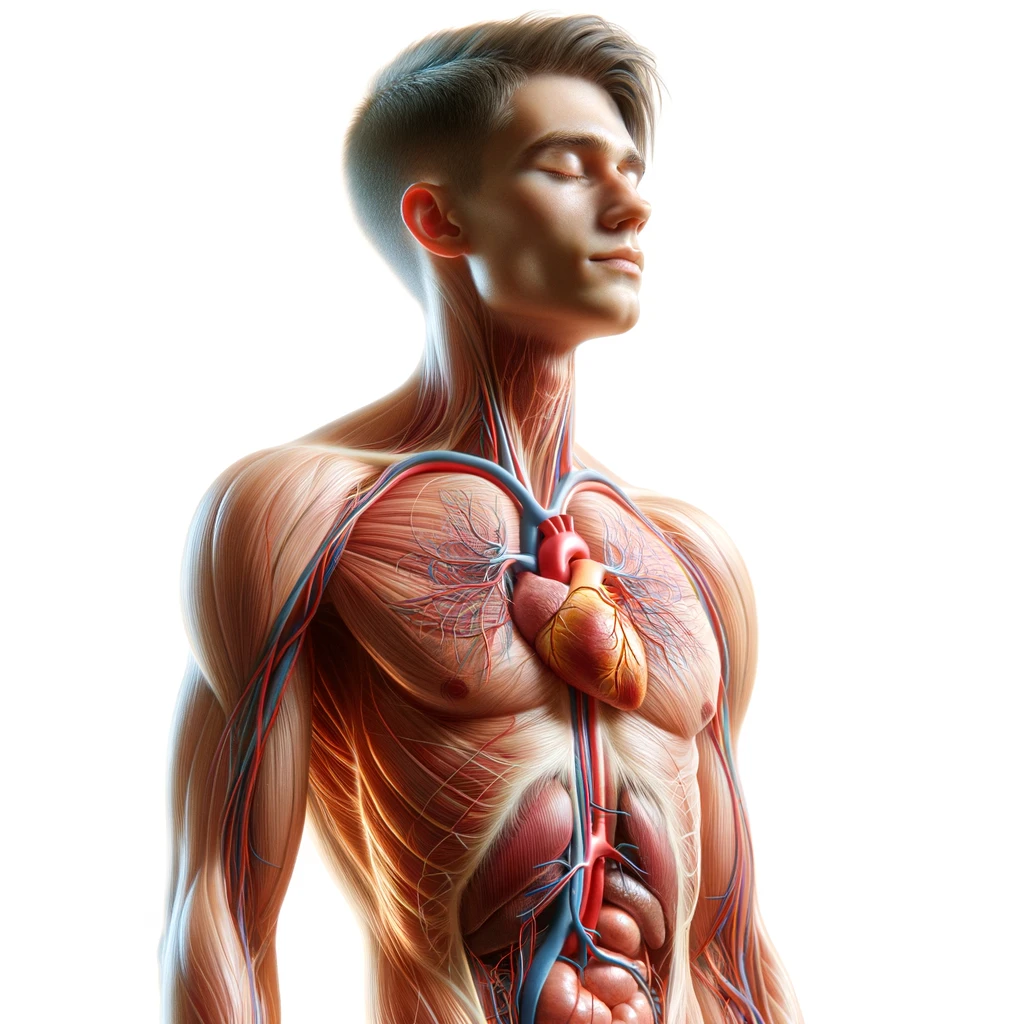 corpo umano anatomico con capelli corti in perfetta salute con gli occhi chiusi ed espressione serena a figura intera, cuore e organi in evidenza, iperrealistica 4k, isolato su sfondo bianco emoji