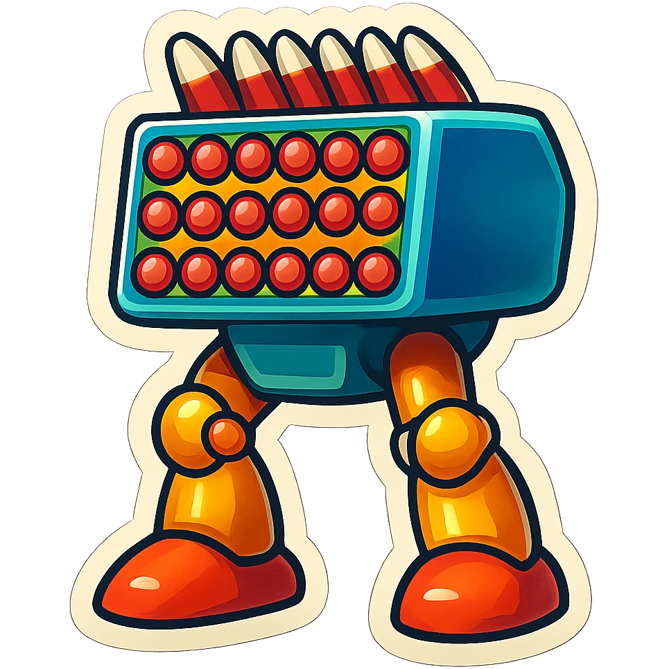 a 6x8 missile battery attached to robot legs emoji