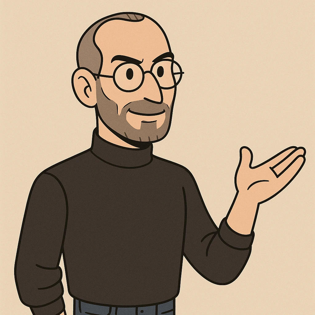 Steve Jobs, iconic black turtleneck, round glasses, minimalist style emoji