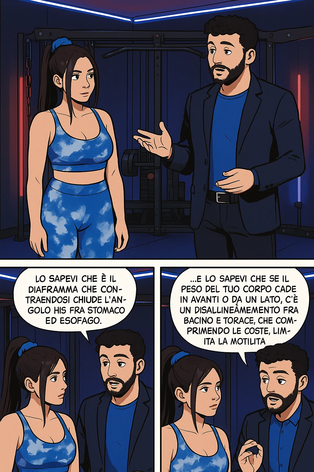 TRASFORMA QUESTO CAROSELLO IN UN FUMETTO STILE WEBTOON/MANGA A COLORI CON QUESTE DUE PERSONE IDENTICHE CHE INTERLOQUISCONO TRA LORO, L'uomo sta spiegando alla donna questo concetto:

LUI (UOMO): Hai controllato diaframma e baricentro corporeo?
LUI (UOMO): Lo sapevi che è il diaframma che contraendosi chiude l’angolo his fra stomaco ed esofago, contenendo la risalita degli acidi grassi?
LUI (UOMO): …e lo sapevi che se il peso del tuo corpo cade in avanti o da un lato, c’è un disallineamento fra bacino e torace, che comprimendo le coste, limita la motilità del diaframma e quindi il contenimento del reflusso? emoji