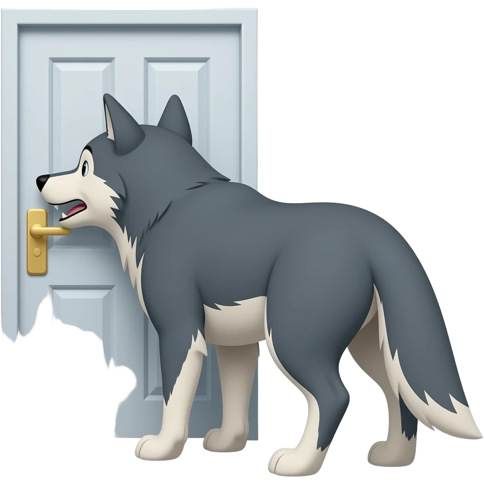 lobo animado de pie picando una puerta pero que este de espaldas tocando 1 puerta emoji