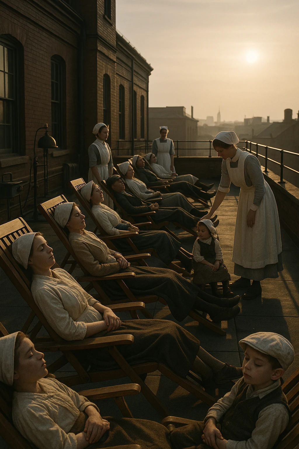 A realistic cinematic image of a hospital rooftop solarium from the 1900s, patients sunbathing under nurse supervision for heliotherapy against tuberculosis and rickets. emoji