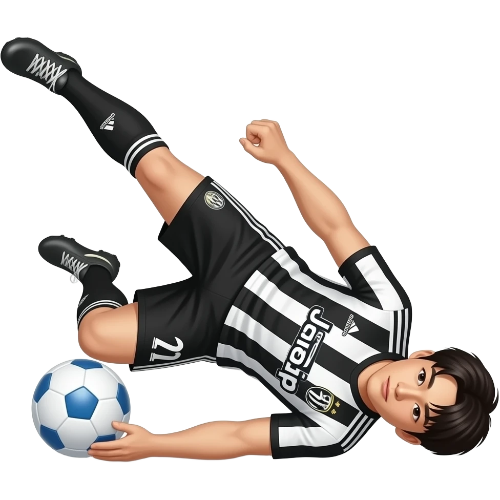Acrobatic overhead kick pose of football player Oh Hyeon-gyu. Body perfectly 0° parallel to the ground, head slightly below. Right leg extended at a 110° angle to his torso. He wears a clean black-and-white striped kit with only the Adidas and club logo. emoji