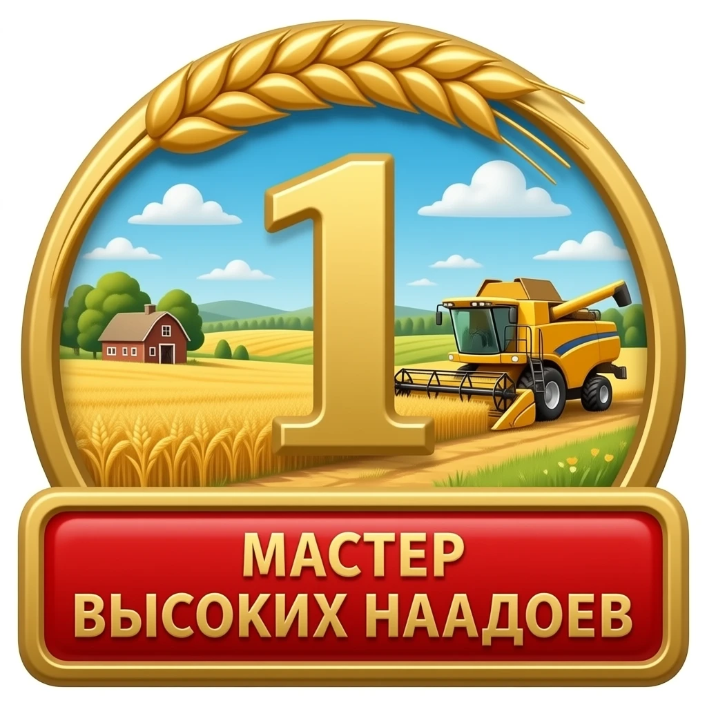 Top rectangular red enamel bar, central golden wheat. Gold ring: landscape with fields, barn, and detailed combine harvester. Foreground dominated by large red enamel framed golden '1' and dominant large Russian text: 'МАСТЕР ВЫСОКИХ НАДОЕВ'. emoji