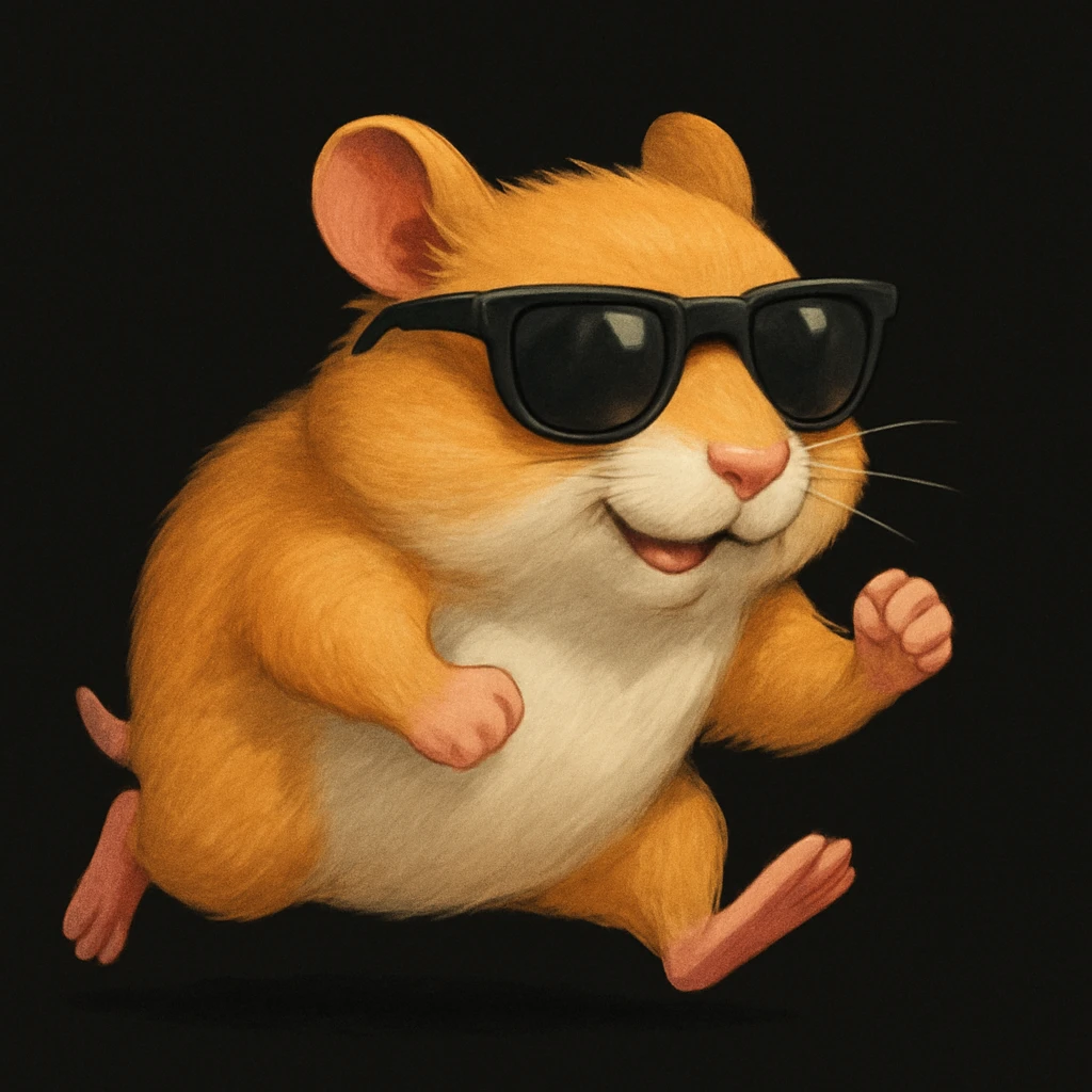 a mature, modern, semi-realistic hamster wearing cool glasses, running energetically, on a solid black background, not overlapping with other elements emoji