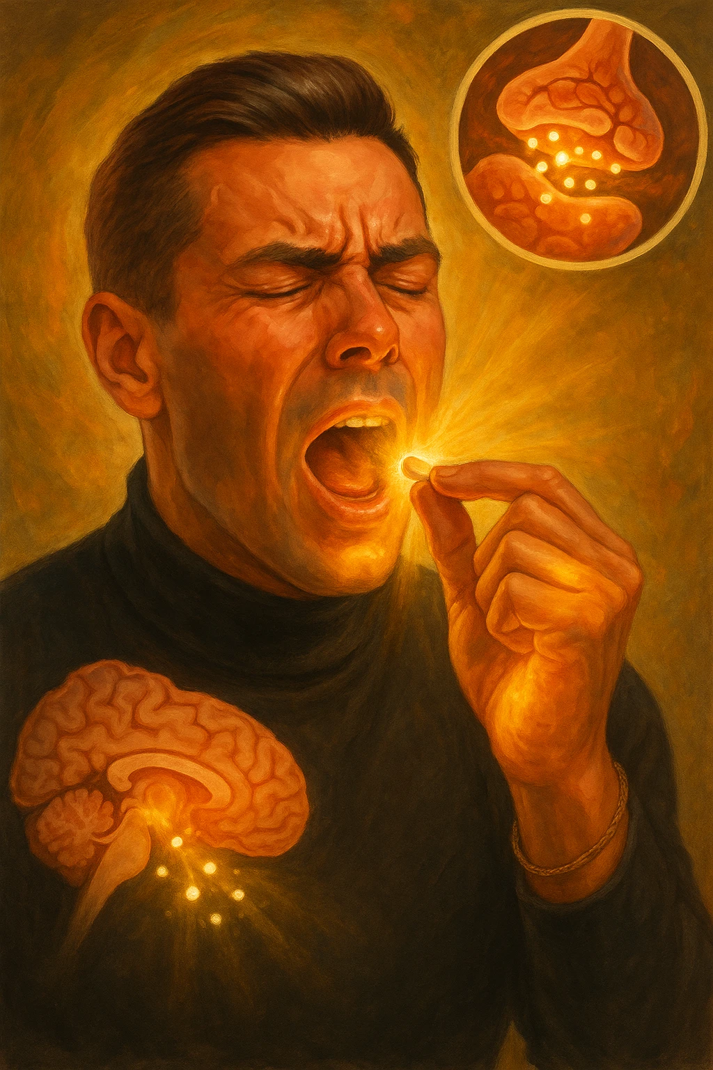 "Man taking simple sugar tablet believing it's powerful medicine, golden healing light emanating from pill as it dissolves, his chronic pain visibly dissolving as relief spreads across his face, expression transforming from suffering to amazement, brain chemistry changing through pure belief, microscopic view showing endorphins releasing purely from expectation, body healing itself through mind's conviction" emoji