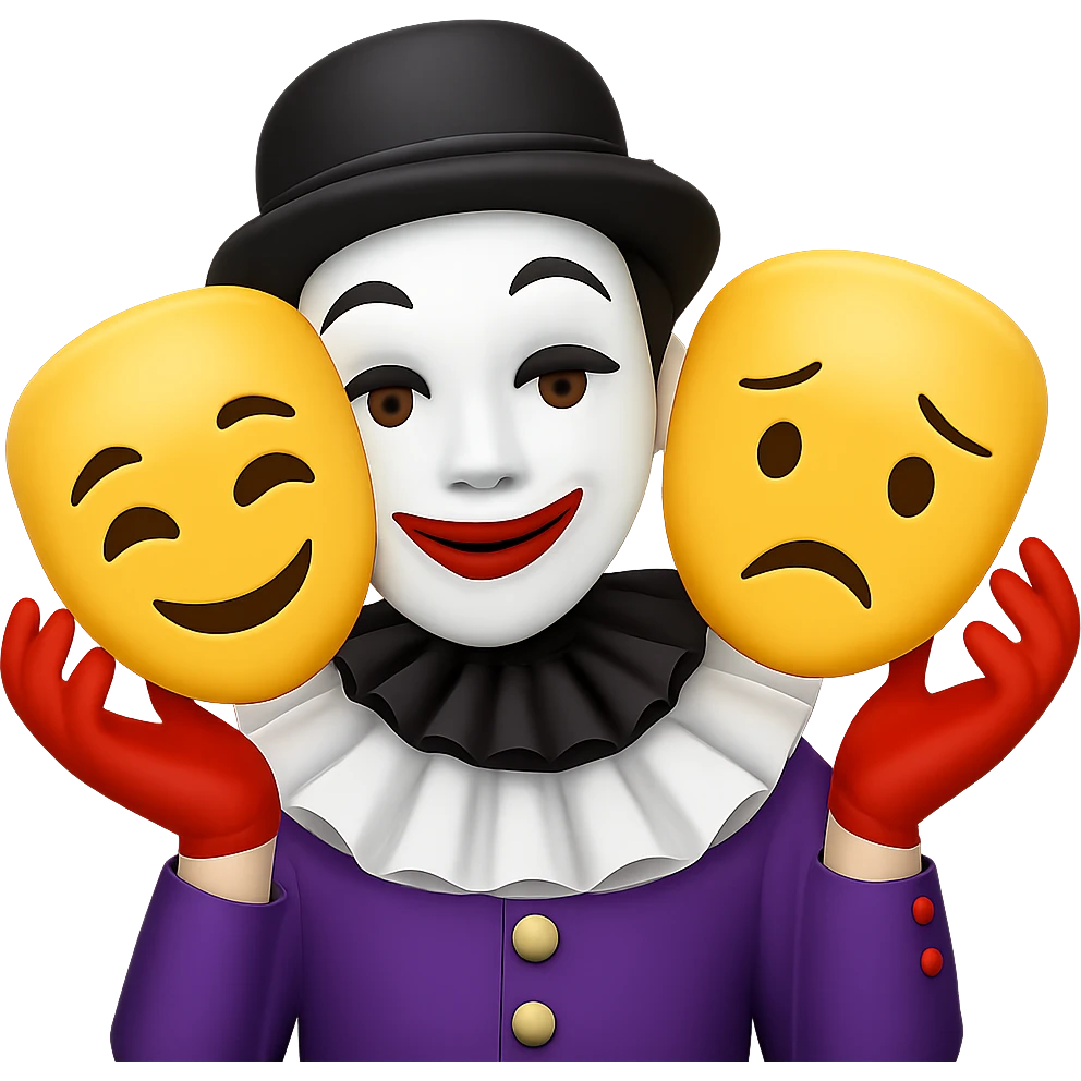 Edit the mime image to have two masks that are expressive: one mask smiling and the other frowning. Keep the classic mime outfit and white face paint. The style should resemble emoji style. Remove the background. emoji
