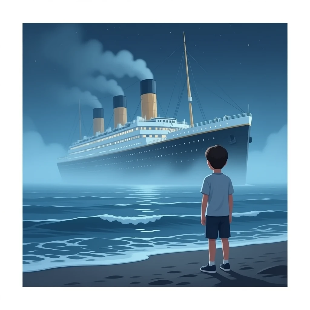 The ghostly Titanic ship floats above the sea while a boy on the shore watches the scene - cut scene emoji