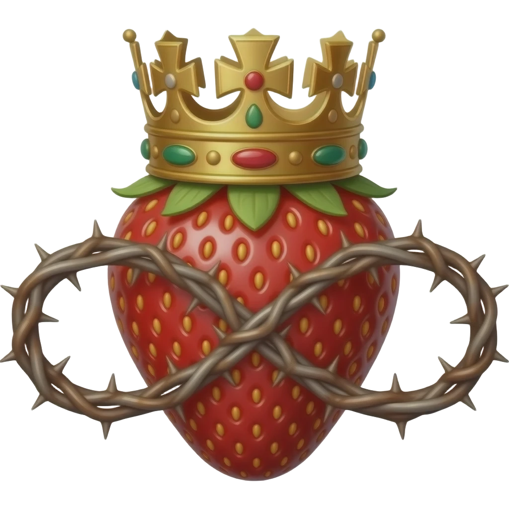 a rusty strawberry with a rusty, richly decorated English royal crown on top. A crown of thorns is wrapped around the strawberry's body and is spinning around its body in the form of an infinity sign emoji