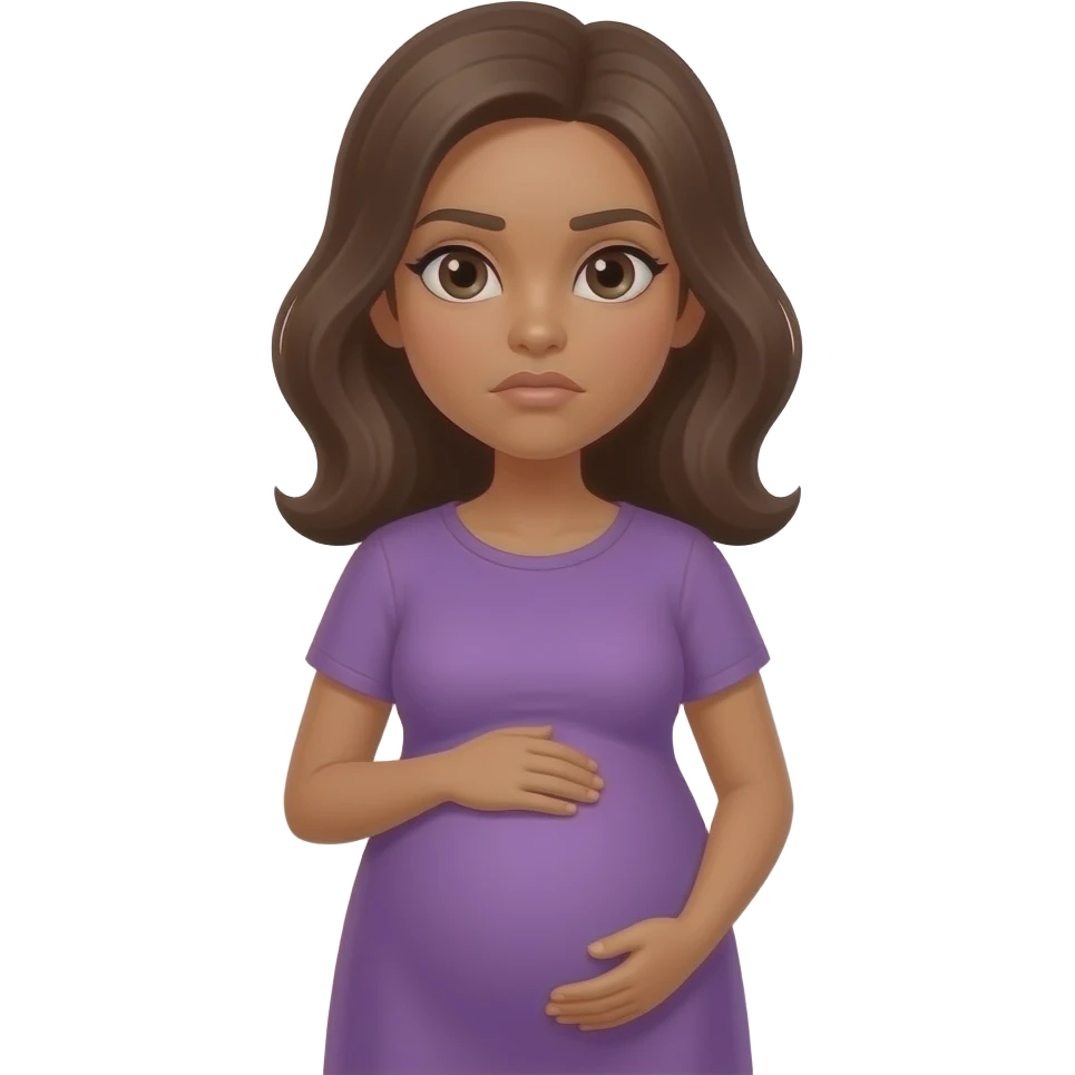 emoji of pregnant patient with medium brown skin and brown hair in purple dress with serious expressionir in a purple dressair emoji