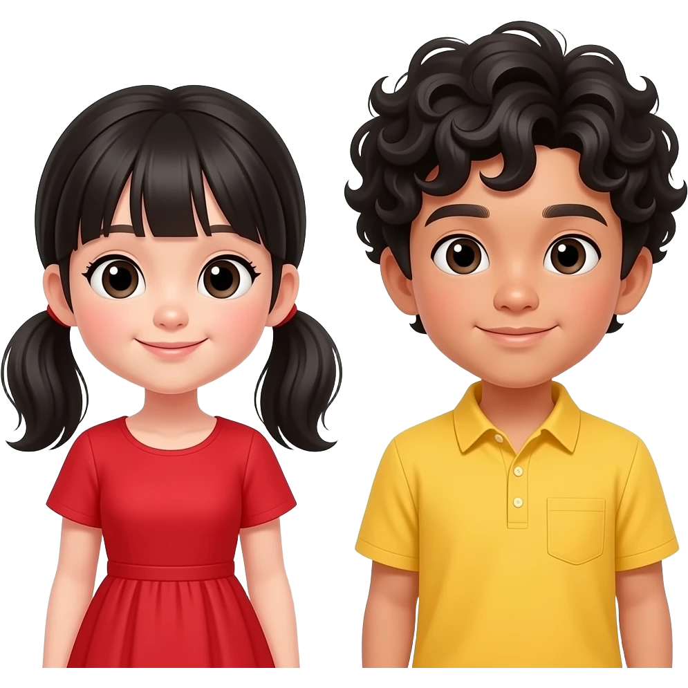 Daily Habits One girl with asian ponytails And red dress and hair bend  one asian curly hair black boy with yellow shirt emoji