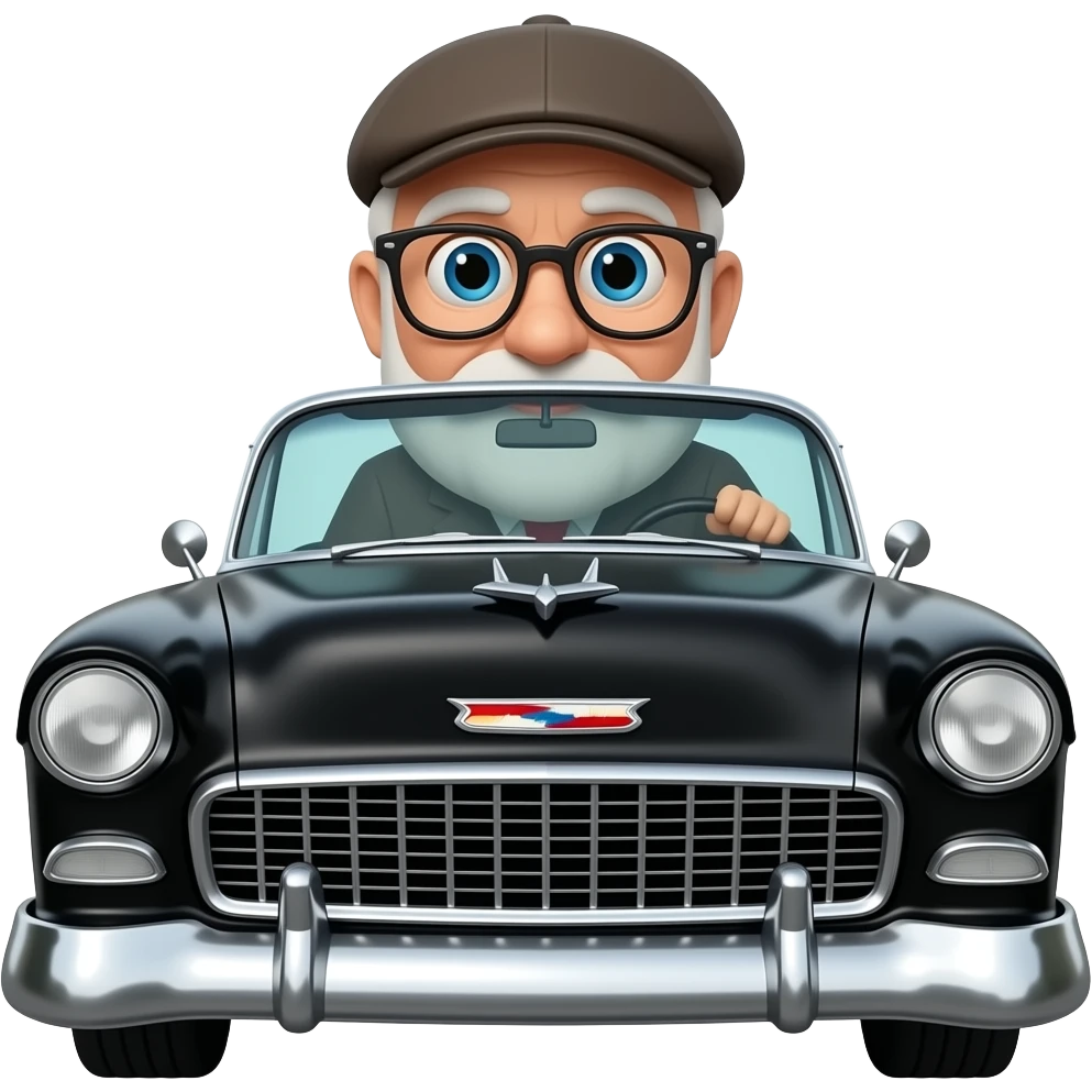OLD MAN WITH GLASSES AND FLAT CAP DRIVING BLACK 1955 CHEVY WITH emoji