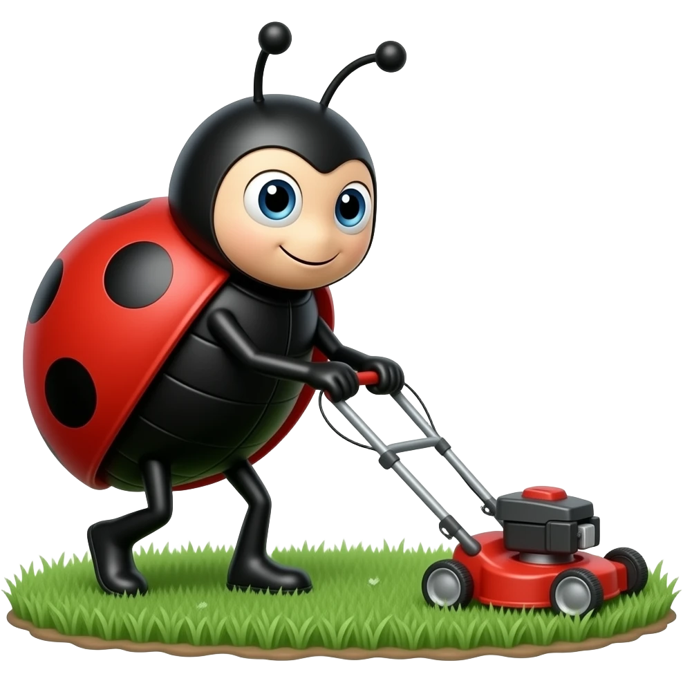 a ladybug mowing the lawn with a lawn mower emoji