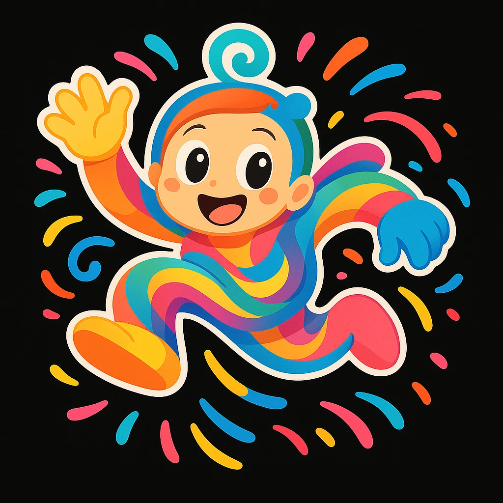 Remove all text and written matter, keep only the mascot character and visual elements. Preserve the playful, energetic, and imaginative style suitable for a black website background. emoji