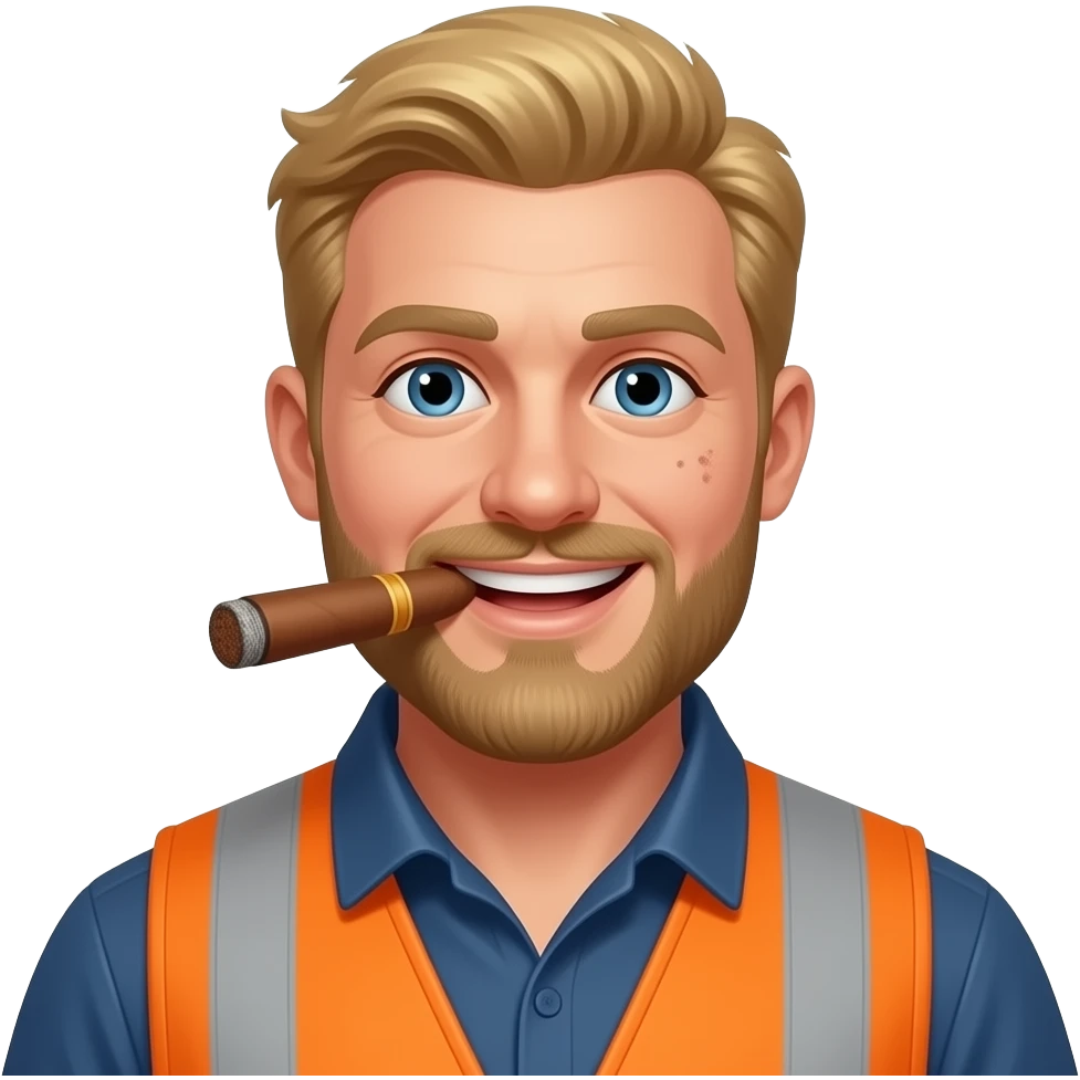 Big Blonde hair Guy with a Mole on his right cheek and a beard, smoking a cigar Wearing a construction vest with a big smile emoji