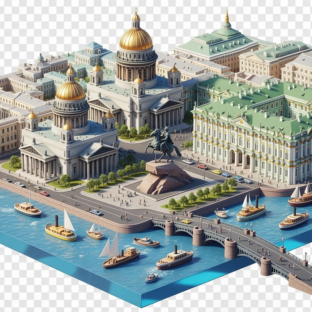 Isometric illustration of Saint Petersburg with the Saint Isaac’s Cathedral, the photorealistic Winter Palace, and the Bronze Horseman statue, toy boats and bridges, in pastel miniature diorama style, transparent background emoji