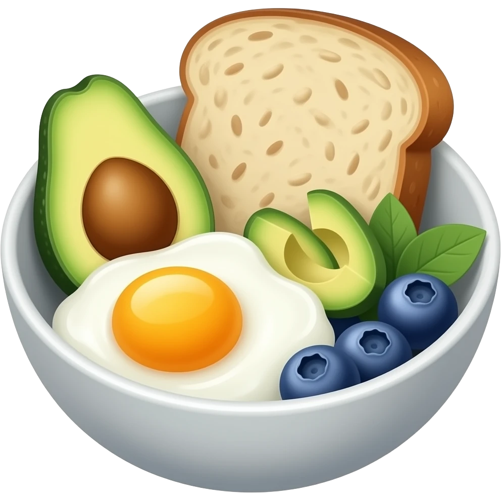 bowl with sunny side eggs avocado with seed blueberries sourdough emoji