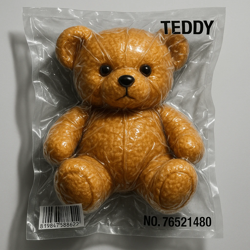 vacuum-sealed teddy bear, shiny and tightly wrapped in clear plastic emoji