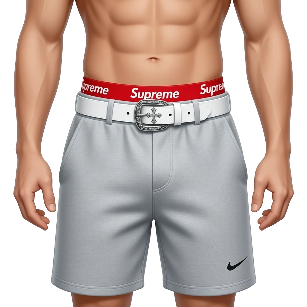 (waist to below knee) of a lean, fit male. Features a visible red Supreme boxer waistband above grey Nike Tech Fleece shorts. Secured by a detailed white leather Chrome Hearts style belt with an ornate silver oval filigree cross buckle emoji