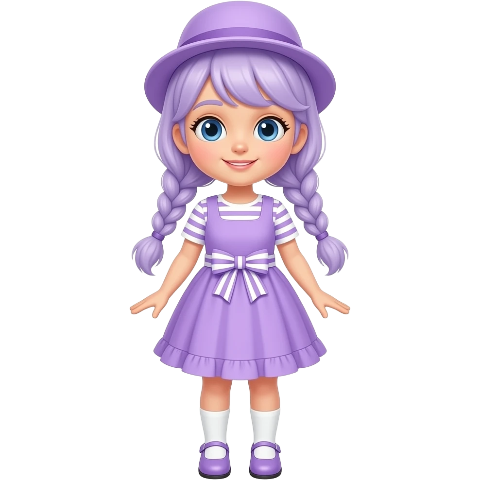 A girl with pale purple hair tied in braids and blue eyes, wearing a pale purple dress with white striped short sleeves and skirt, a pale purple frill, and a pale purple and white striped waist bow, pale purple shoes with white socks, and a pale purple hat. emoji