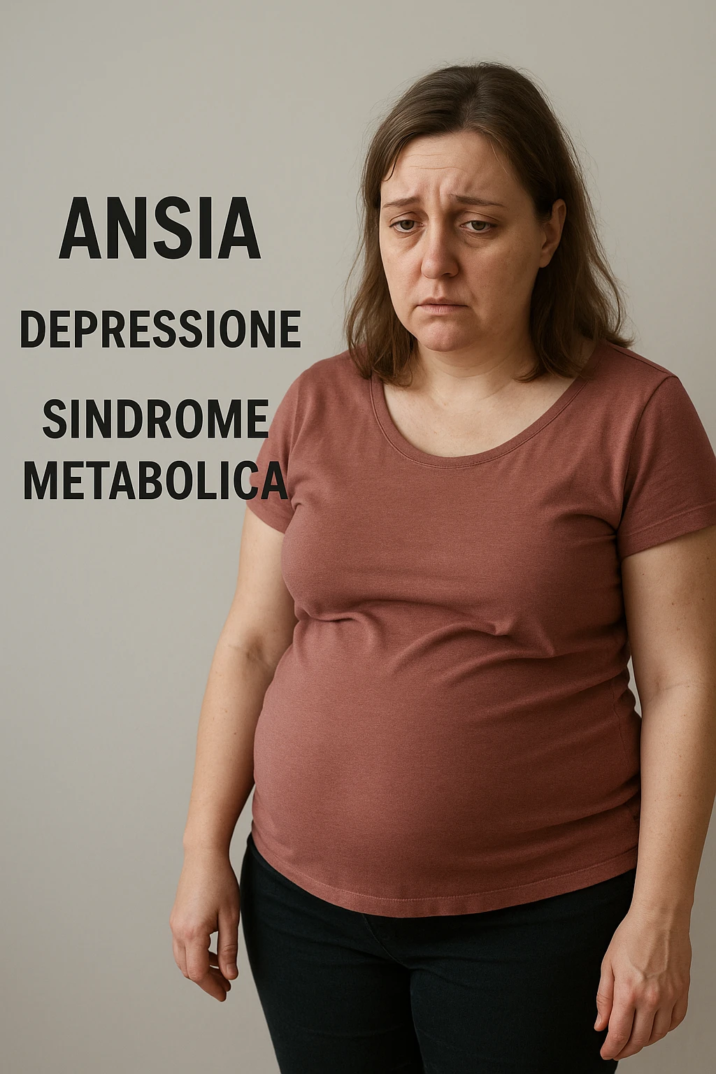 Donna con sindrome metabolica, ansia e depressione, sintomi evidenti immagine realistiche in italiano emoji