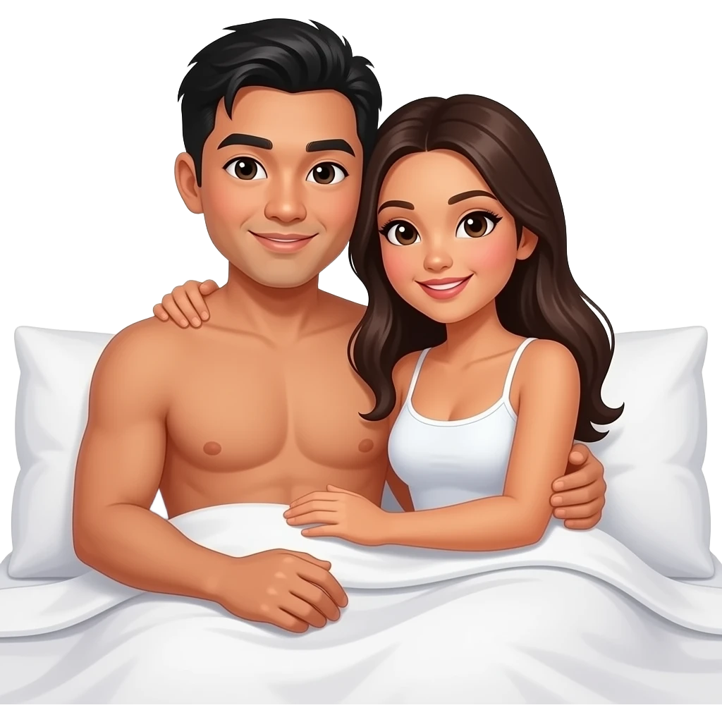 hot asian guy and hot filipina girl cuddle in the bed, they are wearing underwear emoji