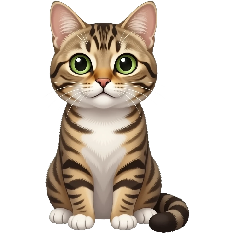 small tabby cat with green eyes, white chest, and white paws, sitting upright and looking up emoji