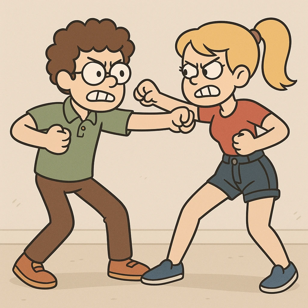 Fighting a boy brown Curly hair circle glasses green Pro polo brown jeans orange shoes and a girl Yellow ponytail hair red shirt high waisted dark blue denim shorts blue shoes emoji