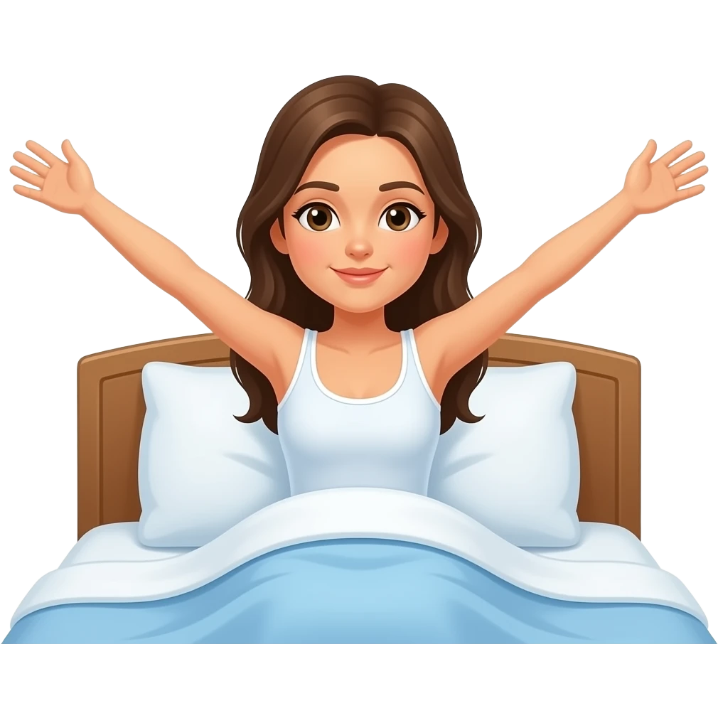 a naked woman waking up in bed with arms fully stretched and the words "Good Morning" in blue printed overhead emoji