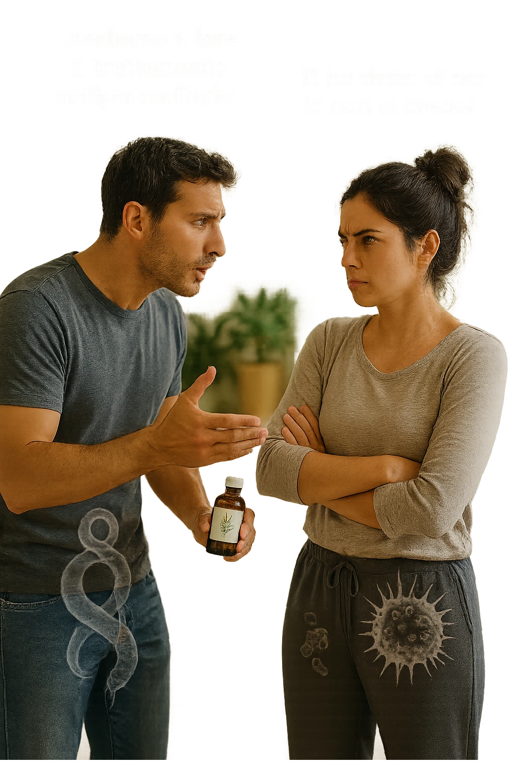 A highly realistic, cinematic photo of a young couple in their early 30s having an argument in a bright modern kitchen. The man, athletic build, wearing a casual T-shirt and jeans, is speaking firmly with a raised hand holding a small amber glass bottle labeled with a subtle herbal symbol, saying 'Andiamo a fare il trattamento antiparassitario' with a determined expression. The woman, with long dark hair tied in a messy bun, casual home outfit, crosses her arms with an angry, defensive expression, replying 'Ti ho detto di no! Io non ci credo!' while slightly turning away. Tension is visible in their body language, with the man leaning forward trying to explain and the woman leaning back, her eyebrows furrowed. Around them, subtle ghostly overlays of microscopic parasites are faintly visible near their abdominal areas, symbolizing the hidden reason for the argument. The kitchen is bright and modern with plants and natural light, contrasting the emotional tension. The style is hyperrealistic with warm tones and shallow depth of field focusing on their facial expressions, illustrating the conflict between belief in natural treatments and skepticism within the couple regarding hidden parasitic infections. in italiano emoji