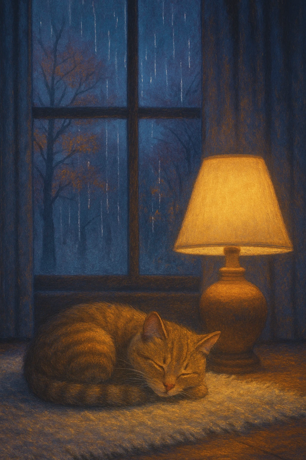 cat curled up on a soft rug near a glowing lamp, with a window in the background showing rain and autumn trees in cool tones emoji
