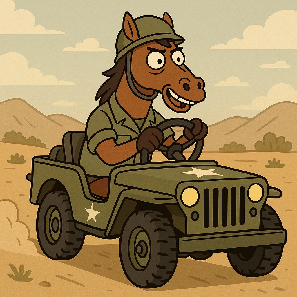 brown horse with an army vibe, cartoon style, riding in a military jeep emoji