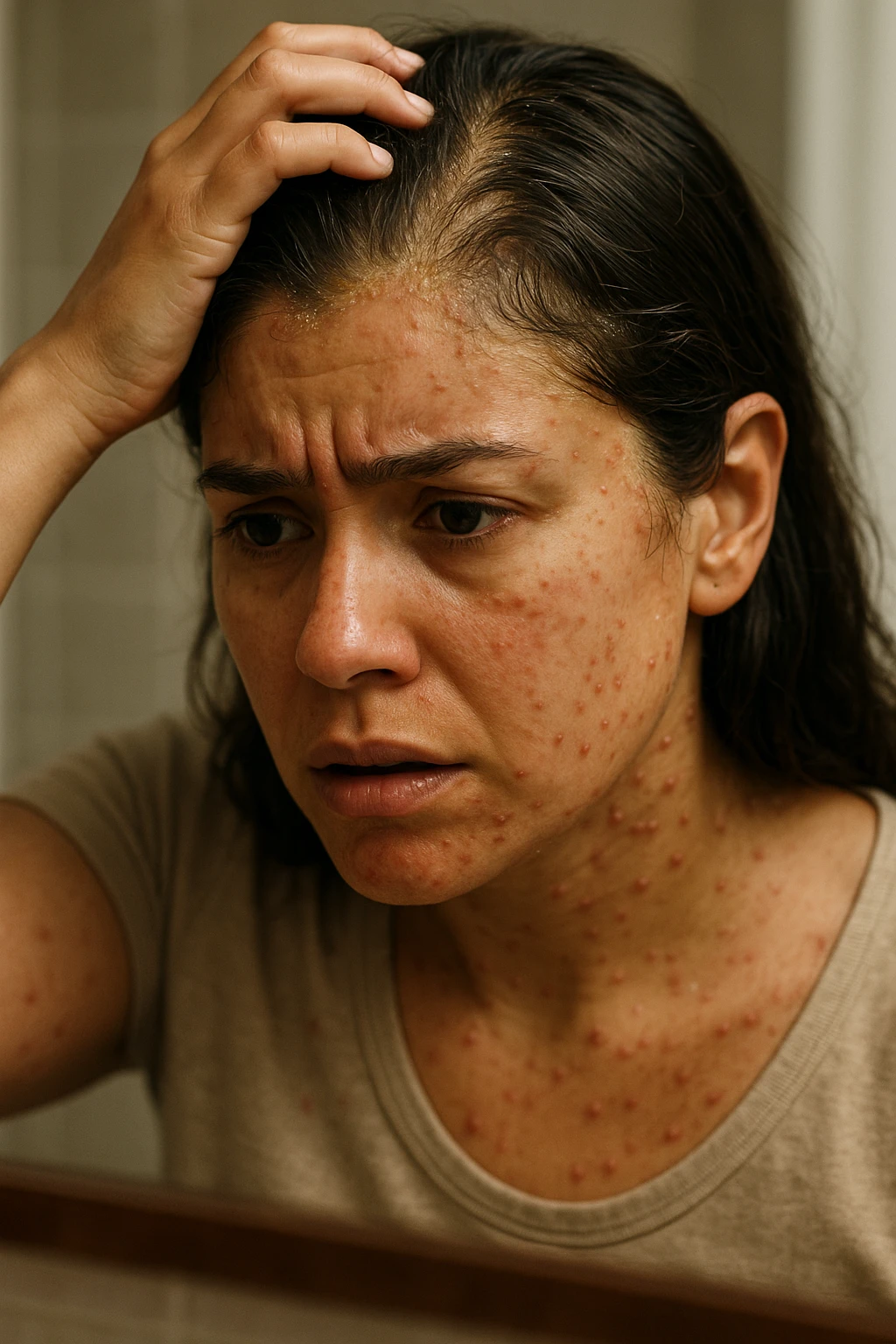 A highly realistic, cinematic close-up portrait of a young woman in her late 20s with medium skin tone, displaying visible folliculitis and seborrheic dermatitis. Small, red, inflamed follicular papules and pustules are scattered along her hairline, jawline, and upper neck, indicating folliculitis. Her scalp and areas around the nose and eyebrows show flaky, greasy yellowish scales, with redness and irritation, indicating seborrheic dermatitis. Her hair appears slightly greasy and clumps near the scalp, emphasizing excess sebum production. She gently touches her irritated scalp with concern while looking at herself in a softly lit bathroom mirror, expressing discomfort and frustration. The environment is neutral and clean, with daylight softly illuminating the scene to highlight the skin and scalp texture. The style is 35mm hyperrealistic, with warm neutral tones and shallow depth of field to maintain focus on her skin, inflammation, and emotional expression, visually explaining the physical discomfort and aesthetic concerns of living with folliculitis and seborrheic dermatitis emoji