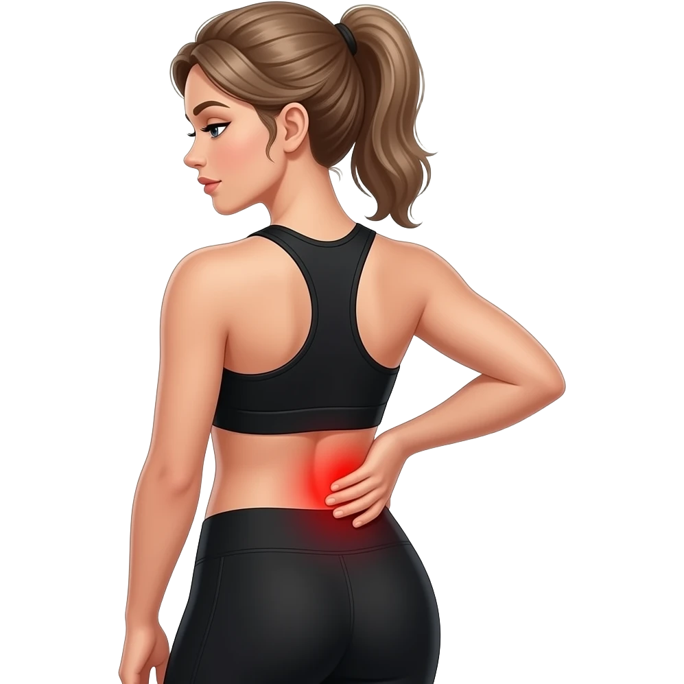 back pain, red glow on lower back, fair-skinned woman, ash brown brows, ash light brown hair tied back, slim athletic body, black workout set emoji