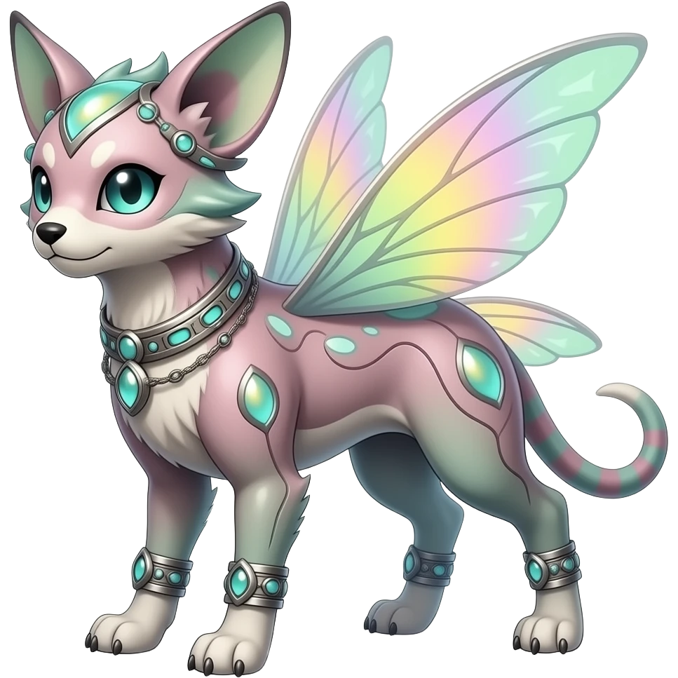 Quadrupedal 4-legged Epic complex futuristic detailed dark dusky gloomy pastel pink-pastel-green-pastel-yellow-white-gradient-iridescent, realistic Fakémon-Sprigatito-Floragato-Meowscarada-Trico-Sergal-Serval-Vernid-creature (full body) with bracelets and anklets and fairy wings emoji