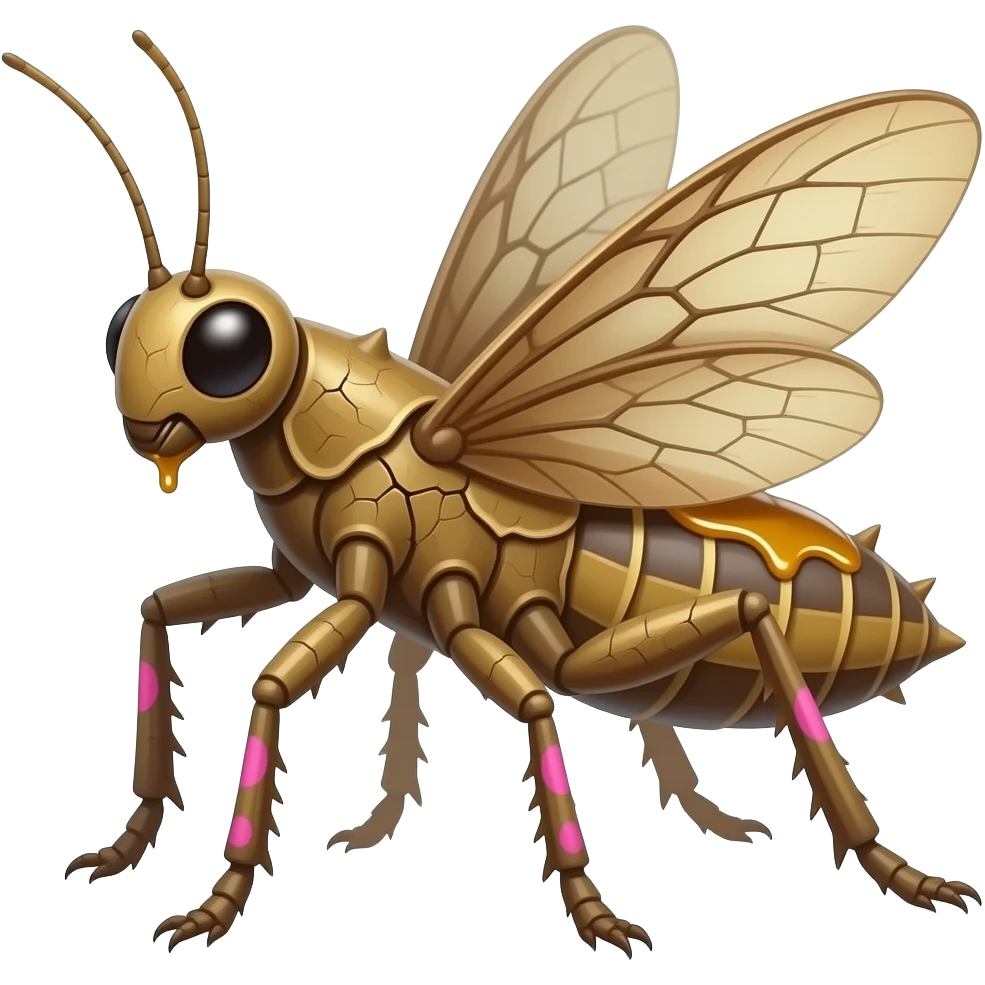 Flying Walkingsticks crawler with sticky sap running through back cracks in its bark-like body. petal wings it's made of bark but has a shell on its back, it has spikes and runs fast with all its limbs. It's full of pink petal markings, and looks like a Walkingstick insect with a petal bark body emoji